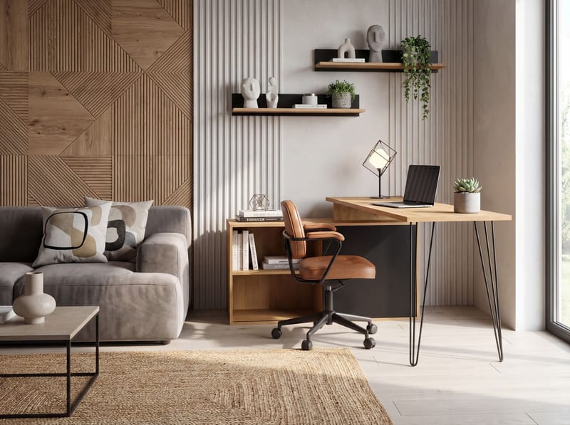 Vorlen hjørneskrivebord 130 cm i MDF med hylle - eikedekor svart - Møbler - Bord - Kontorbord - Skrivebord - Hjørneskrivebord