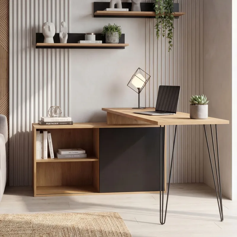 Vorlen hjørneskrivebord 130 cm i MDF med hylle - eikedekor svart - Møbler - Bord - Kontorbord - Skrivebord - Hjørneskrivebord