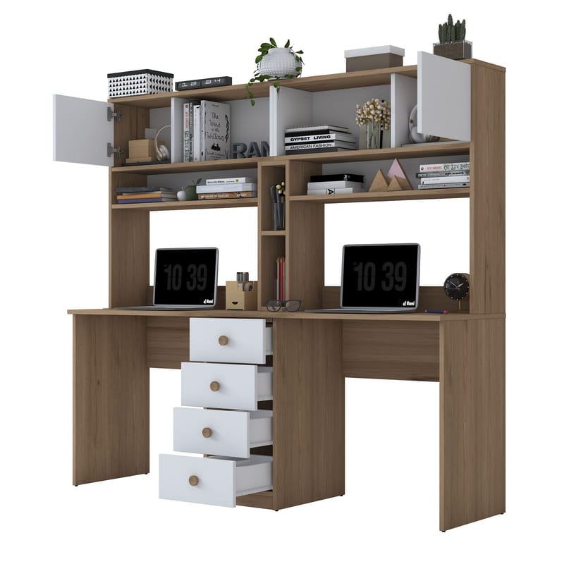 Skrivebord Wallxpert Eska (180 x 166,3 x 50 cm) Valnøtt hvit - Valnøtt og hvit - Møbler - Bord - Kontorbord - Skrivebord