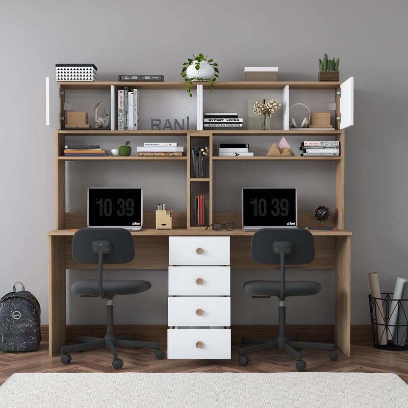 Skrivebord Wallxpert Eska (180 x 166,3 x 50 cm) Valnøtt hvit - Valnøtt og hvit - Møbler - Bord - Kontorbord - Skrivebord