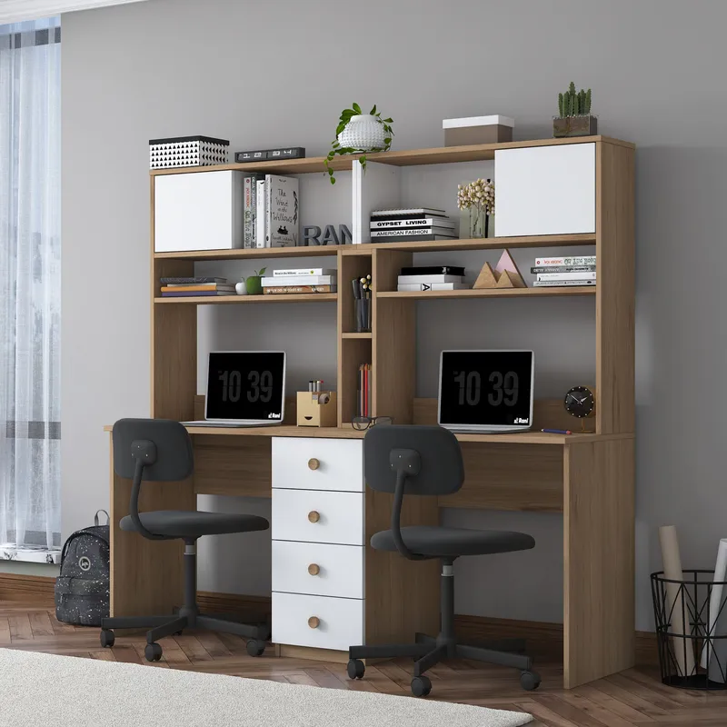 Skrivebord Wallxpert Eska (180 x 166,3 x 50 cm) Valnøtt hvit - Valnøtt og hvit - Møbler - Bord - Kontorbord - Skrivebord