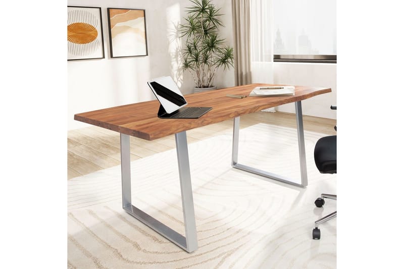 Skrivebord Wohnling Massivt treverk trekanter metallbein landlig stil Sølv, rett, 200x100 cm - Sølv, rett, 200x100 cm - Møbler - Bord - Kontorbord - Skrivebord