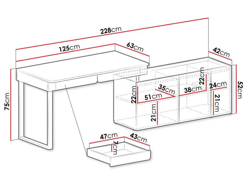 Travic Skrivebord 228 cm med Oppbevaring i Tre med Metallstativ - Trefarget - Møbler - Bord - Kontorbord - Skrivebord