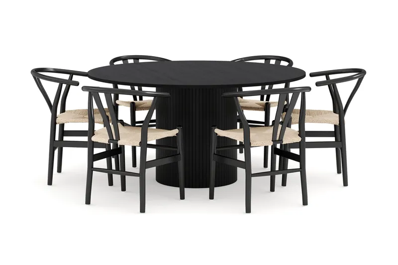 Kopparbo Matgruppe 150 cm Rund med 6 Dastoori Spisestol, Svartbeiset eik
