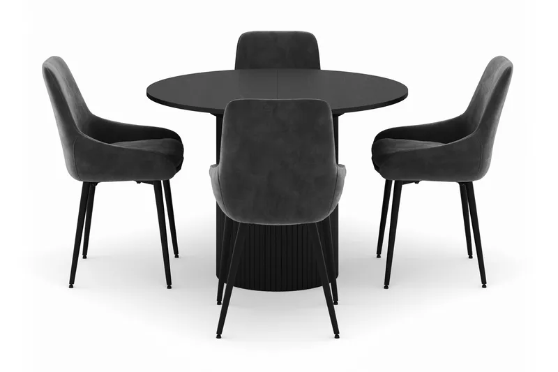 Kopparbo Rund Spisegruppe 106-156cm med 4 Alsarp Spisestoler - Svart - Møbler - Bord - Spisegruppe