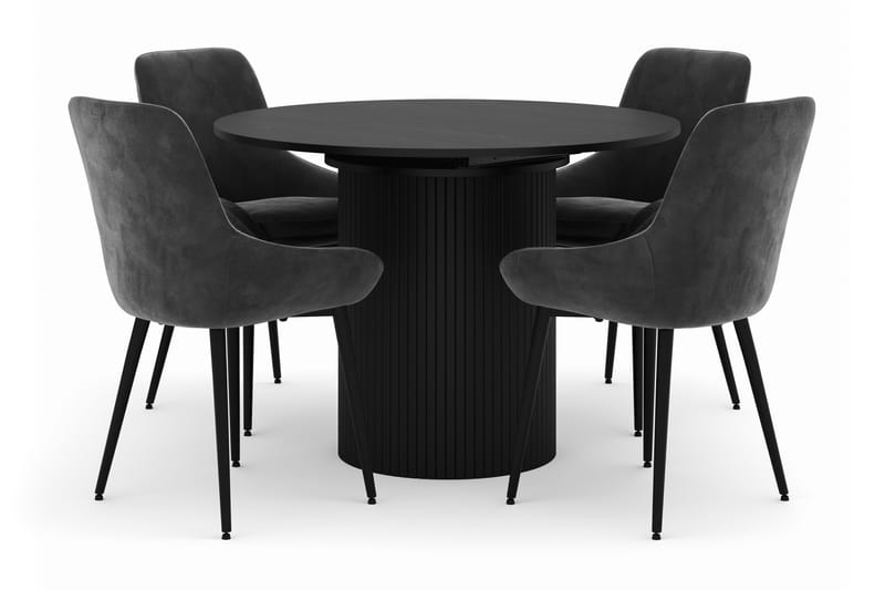 Kopparbo Rund Spisegruppe 106-156cm med 4 Alsarp Spisestoler, Svart