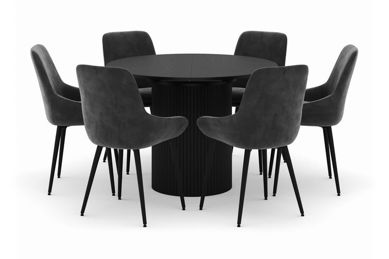 Kopparbo Rund Spisegruppe 106-156cm med 6 Alsarp Spisestoler - Svart - Møbler - Bord - Spisegruppe