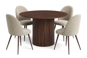 Kopparbo Rund Spisegruppe 110 cm – Spisebord med 4 Nibe Plus Spisestoler i Tre med Valnøttutseende - Brun & Greige - Møbler - Bord - Spisegruppe