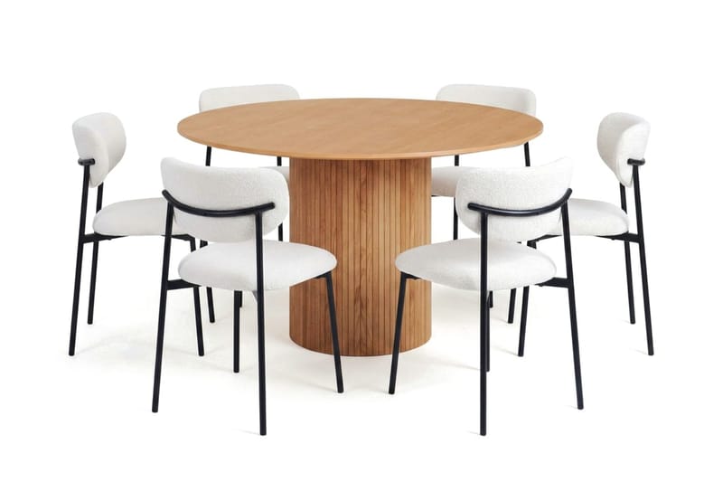 Kopparbo rund spisegruppe 130 cm eik med 6 Lucy-spisestoler, Eik