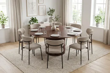 Kopparbo Rund Spisegruppe 180 cm – Spisebord med 8 Lucy Spisestoler i Tre med Valnøttutseende - Brun - Møbler - Bord - Spisegruppe