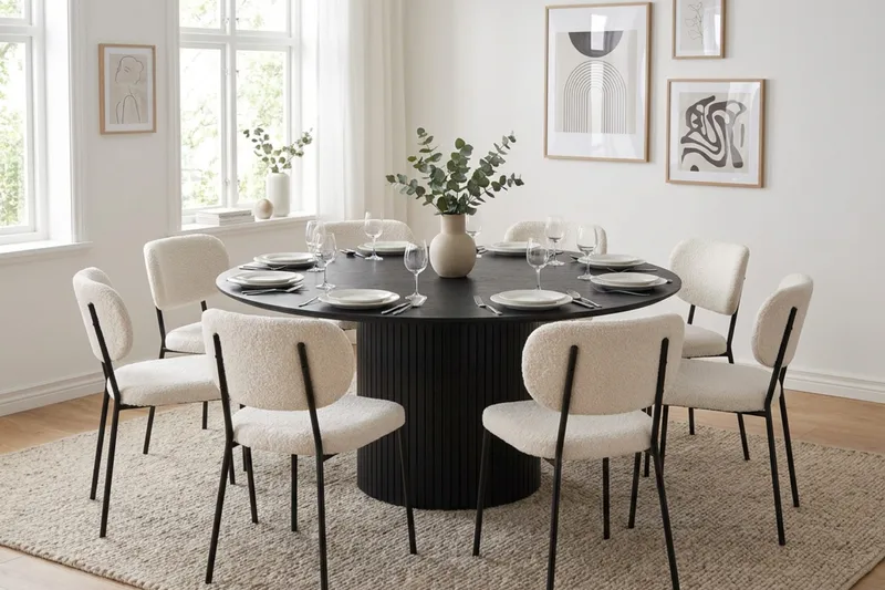 Kopparbo rund spisegruppe 180 cm svart med 8 Gemmiano-spisestoler - Svartbeiset eik - Møbler - Bord - Spisegruppe