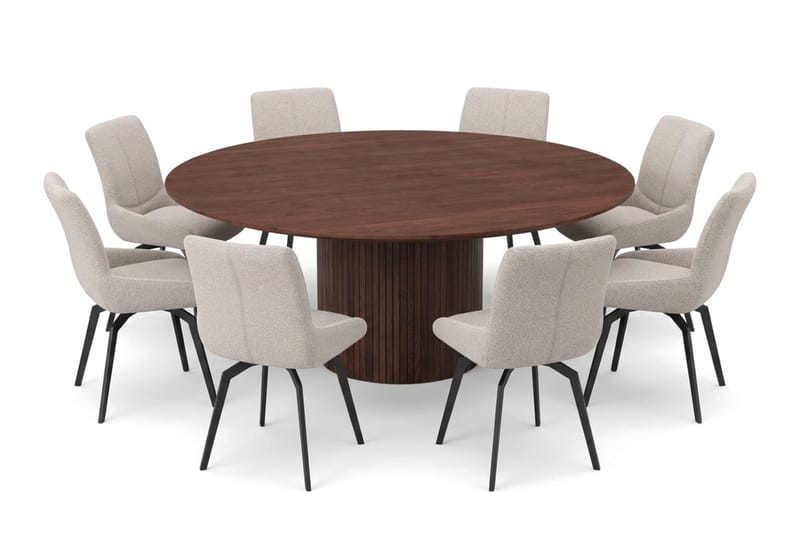 Kopparbo rund spisegruppe 180 cm valnøtt med 8 Mora-spisestoler, Valnøtt