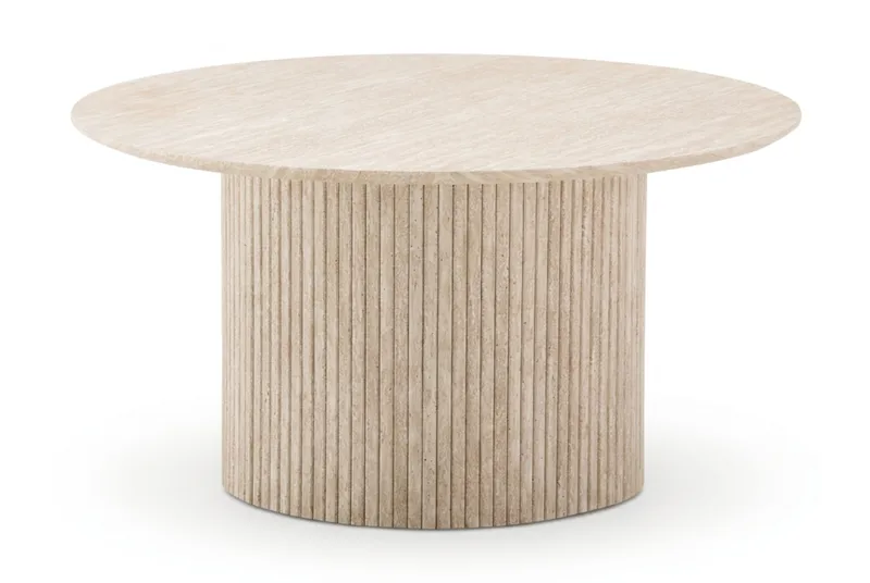 Kopparbo Rundt Sofabord 85 cm med Travertinutseende, Ribbet Søylefot og Tynn Bordplate - Beige - Møbler - Bord - Sofabord & salongbord