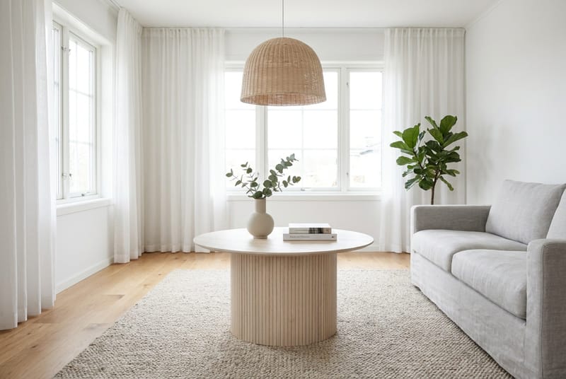 Kopparbo Rundt Sofabord 85 cm med Tre- og Hvitlasert Eik-utseende, Ribbet Søylefot og Tynn Bordplate - Hvit - Møbler - Bord - Sofabord & salongbord