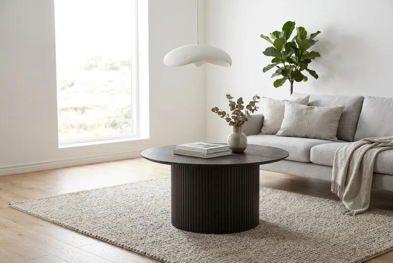 Kopparbo Rundt Sofabord 85 cm med Tre- og Røkt Eik-utseende, Ribbet Søylefot og Tynn Bordplate - Mørkebrun - Møbler - Bord - Sofabord & salongbord