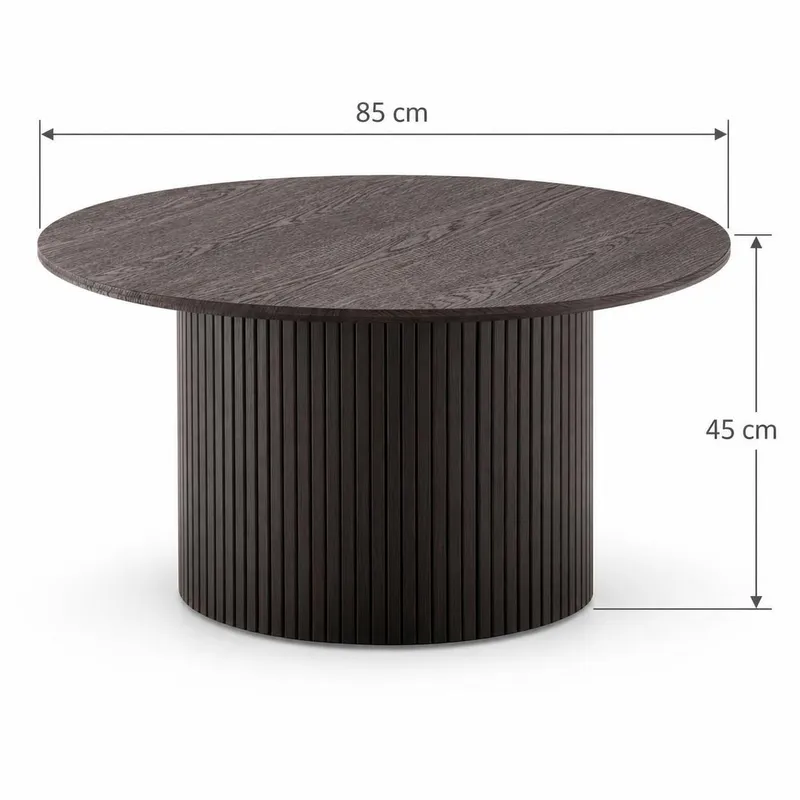 Kopparbo Rundt Sofabord 85 cm med Tre- og Røkt Eik-utseende, Ribbet Søylefot og Tynn Bordplate - Mørkebrun - Møbler - Bord - Sofabord & salongbord