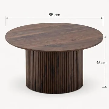 Kopparbo Rundt Sofabord 85 cm med Tre- og Valnøttutseende, Ribbet Søylefot og Tynn Bordplate - Brun - Møbler - Bord - Sofabord & salongbord
