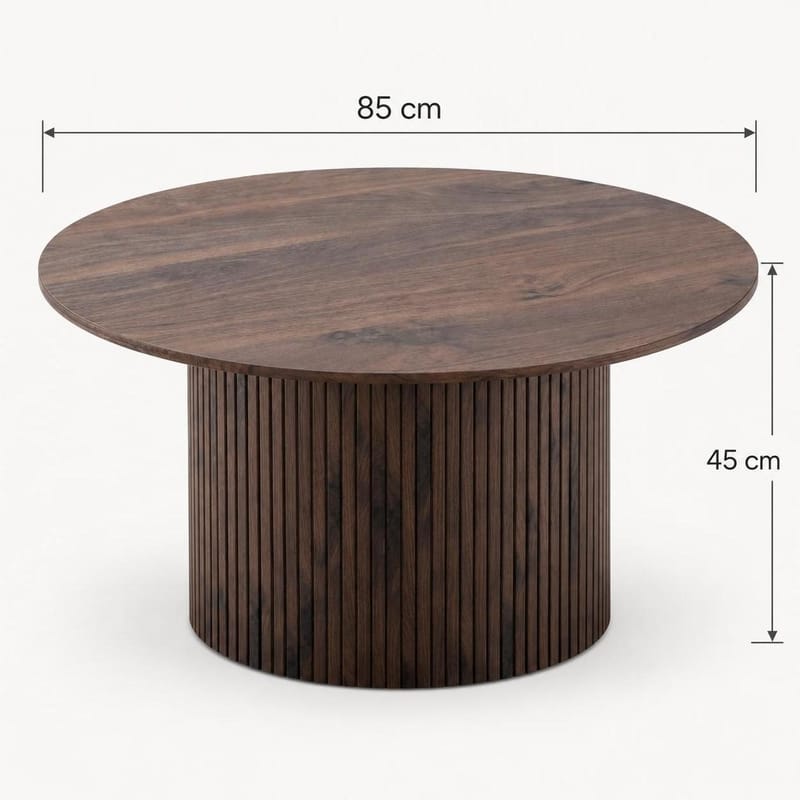 Kopparbo Rundt Sofabord 85 cm med Tre- og Valnøttutseende, Ribbet Søylefot og Tynn Bordplate - Brun - Møbler - Bord - Sofabord & salongbord
