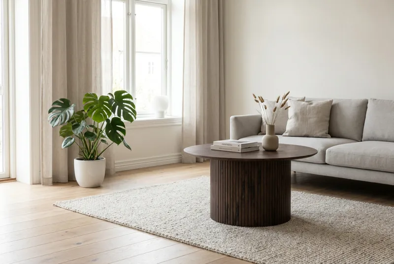Kopparbo Rundt Sofabord 85 cm med Tre- og Valnøttutseende, Ribbet Søylefot og Tynn Bordplate - Brun - Møbler - Bord - Sofabord & salongbord