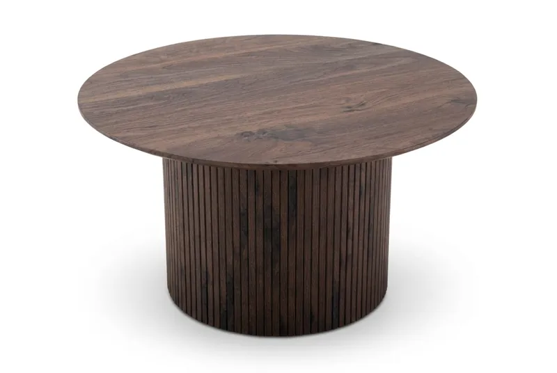 Kopparbo Rundt Sofabord 85 cm med Tre- og Valnøttutseende, Ribbet Søylefot og Tynn Bordplate - Brun - Møbler - Bord - Sofabord & salongbord