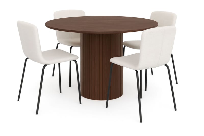 Kopparbo Rundt Spisebord 120 cm for 6 personer med 4 Katy Spisestoler, Mørkebrun / Hvit Bouclé / Metallben Svart