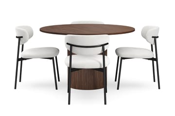 Kopparbo Rundt Spisebord 120 cm for 6 personer med 4 Lucy Spisestoler - Mørkebrun / Hvit Bouclé / Metallben Svart - Møbler - Bord - Spisegruppe