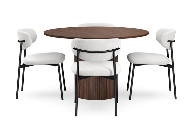 Kopparbo Rundt Spisebord 120 cm for 6 personer med 4 Lucy Spisestoler - Mørkebrun / Hvit Bouclé / Metallben Svart - Møbler - Bord - Spisegruppe