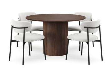 Kopparbo Rundt Spisebord 120 cm for 6 personer med 4 Lucy Spisestoler - Mørkebrun / Hvit Bouclé / Metallben Svart - Møbler - Bord - Spisegruppe
