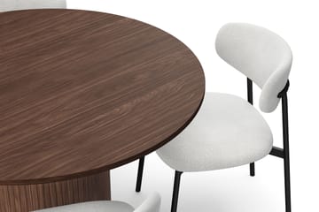 Kopparbo Rundt Spisebord 120 cm for 6 personer med 4 Lucy Spisestoler - Mørkebrun / Hvit Bouclé / Metallben Svart - Møbler - Bord - Spisegruppe