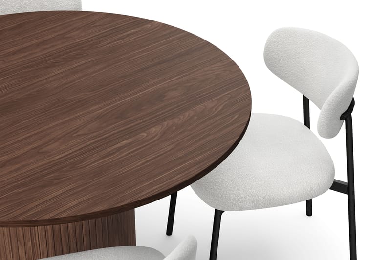 Kopparbo Rundt Spisebord 120 cm for 6 personer med 4 Lucy Spisestoler - Mørkebrun / Hvit Bouclé / Metallben Svart - Møbler - Bord - Spisegruppe