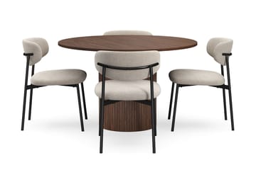 Kopparbo Rundt Spisebord 120 cm for 6 personer med 4 Lucy Spisestoler - Mørkebrun / Greige Bouclé / Metallben Svart - Møbler - Bord - Spisegruppe