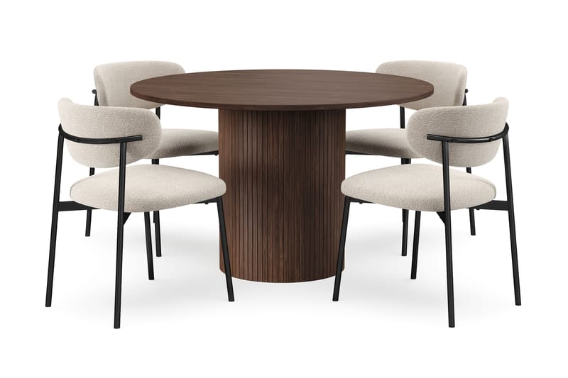 Kopparbo Rundt Spisebord 120 cm for 6 personer med 4 Lucy Spisestoler, Mørkebrun / Greige Bouclé / Metallben Svart