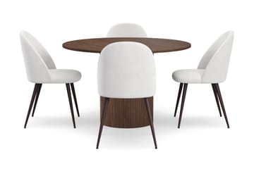 Kopparbo Rundt Spisebord 120 cm for 6 personer med 4 Nibe Plus Spisestoler - Mørkebrun / Hvit Bouclé / Metallben Valnøtt - Møbler - Bord - Spisegruppe