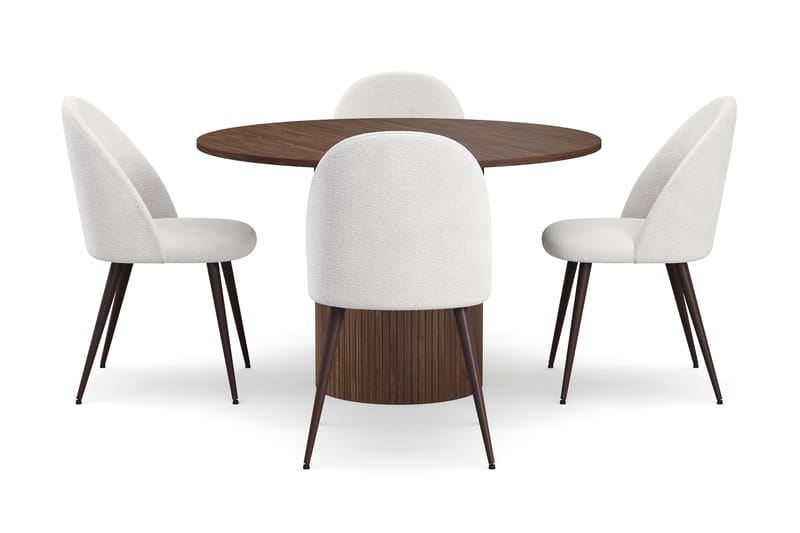 Kopparbo Rundt Spisebord 120 cm for 6 personer med 4 Nibe Plus Spisestoler - Mørkebrun / Hvit Bouclé / Metallben Valnøtt - Møbler - Bord - Spisegruppe