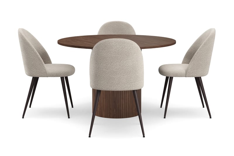 Kopparbo Rundt Spisebord 120 cm for 6 personer med 4 Nibe Plus Spisestoler, Mørkebrun / Greige Bouclé / Metallben Valnøtt