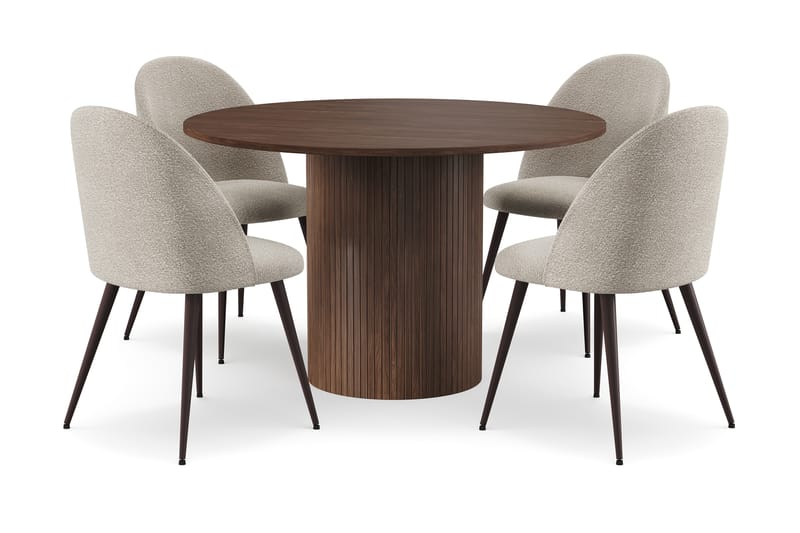 Kopparbo Rundt Spisebord 120 cm for 6 personer med 4 Nibe Plus Spisestoler - Mørkebrun / Greige Bouclé / Metallben Valnøtt - Møbler - Bord - Spisegruppe