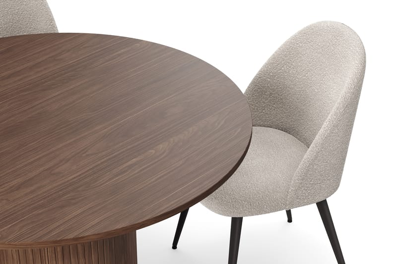 Kopparbo Rundt Spisebord 120 cm for 6 personer med 4 Nibe Plus Spisestoler - Mørkebrun / Greige Bouclé / Metallben Valnøtt - Møbler - Bord - Spisegruppe