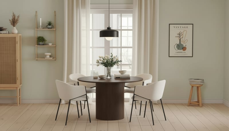 Kopparbo Rundt Spisebord 120 cm for 6 personer med 4 Filip Spisestoler - Mørkebrun / Hvit Bouclé - Møbler - Bord - Spisegruppe
