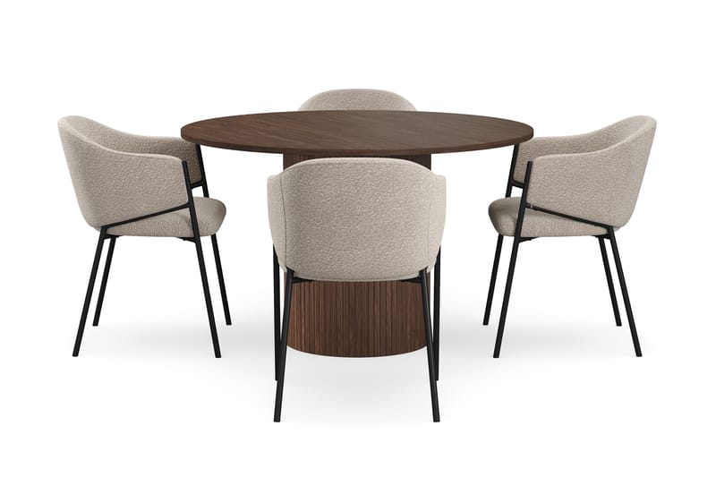 Kopparbo Rundt Spisebord 120 cm for 6 personer med 4 Filip Spisestoler, Mørkebrun / Taupe Bouclé