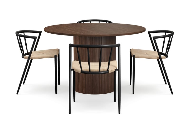 Kopparbo Rundt Spisebord 120 cm for 6 personer med 4 Winston Spisestoler, Mørkebrun / Beige / Metallben Svart