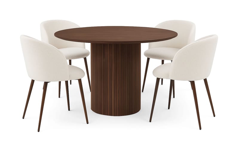 Kopparbo Rundt Spisebord 120 cm for 6 personer med 4 Greya Spisestoler med armlener, Mørkebrun / Hvit Bouclé / Metallben Valnøtt