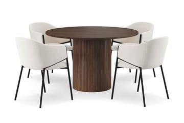Kopparbo Rundt Spisebord 120 cm med 4 Filip Spisestoler - Mørkebrun / Hvit Bouclé - Møbler - Bord - Spisegruppe