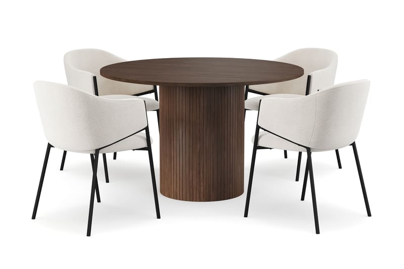 Kopparbo Rundt Spisebord 120 cm med 4 Filip Spisestoler - Mørkebrun / Hvit Bouclé - Møbler - Bord - Spisegruppe