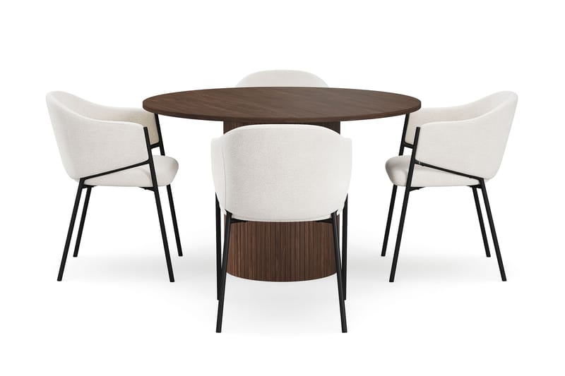 Kopparbo Rundt Spisebord 120 cm med 4 Filip Spisestoler - Mørkebrun / Hvit Bouclé - Møbler - Bord - Spisegruppe