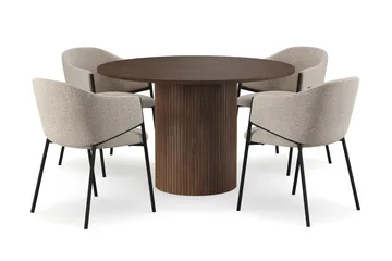 Kopparbo Rundt Spisebord 120 cm med 4 Filip Spisestoler - Mørkebrun / Taupe Bouclé - Møbler - Bord - Spisegruppe