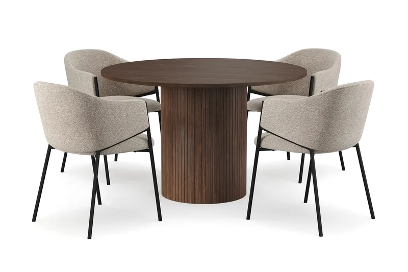 Kopparbo Rundt Spisebord 120 cm med 4 Filip Spisestoler, Mørkebrun / Taupe Bouclé