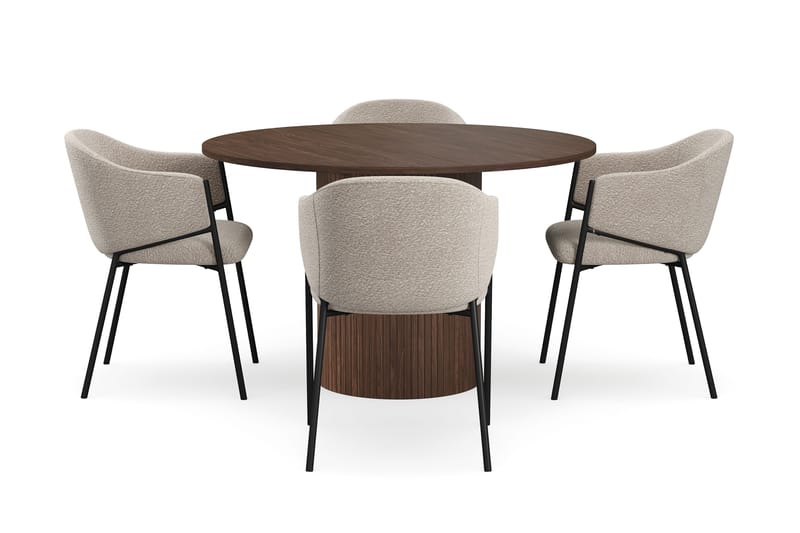 Kopparbo Rundt Spisebord 120 cm med 4 Filip Spisestoler - Mørkebrun / Taupe Bouclé - Møbler - Bord - Spisegruppe