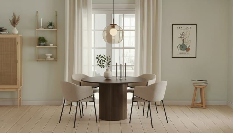 Kopparbo Rundt Spisebord 120 cm med 4 Filip Spisestoler - Mørkebrun / Taupe Bouclé - Møbler - Bord - Spisegruppe