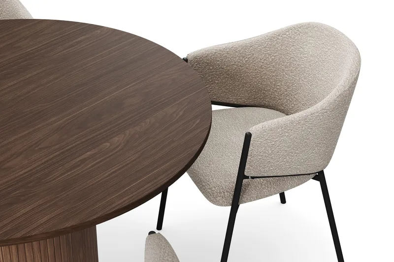 Kopparbo Rundt Spisebord 120 cm med 4 Filip Spisestoler - Mørkebrun / Taupe Bouclé - Møbler - Bord - Spisegruppe