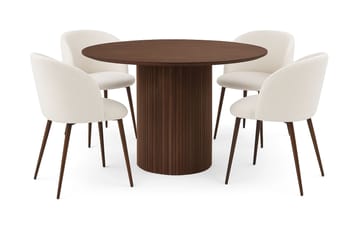 Kopparbo Rundt Spisebord 120 cm med 4 Greya Spisestoler med armlener - Mørkebrun / Hvit Bouclé / Metallben Valnøtt - Møbler - Bord - Spisegruppe